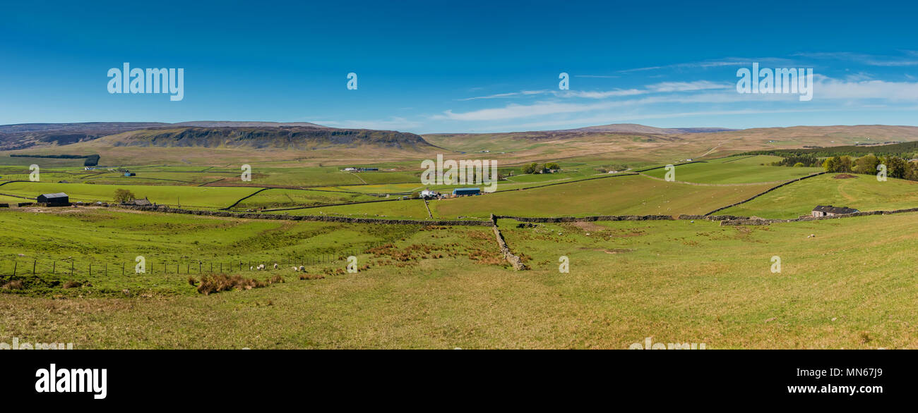 North Pennines Paesaggio, Vista panoramica verso Cronkley cicatrice e Widdybank cadde su Langdon Beck da alto bordo Hurth in una bella giornata di primavera Foto Stock