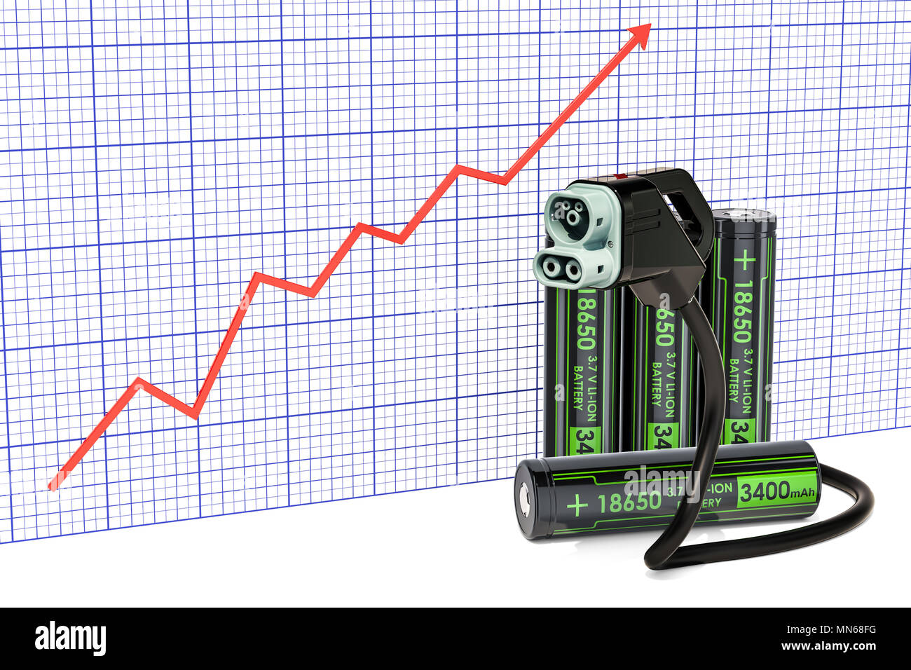 Auto elettrica del connettore di ricarica batterie e con crescente grafico 3D rendering isolati su sfondo bianco Foto Stock