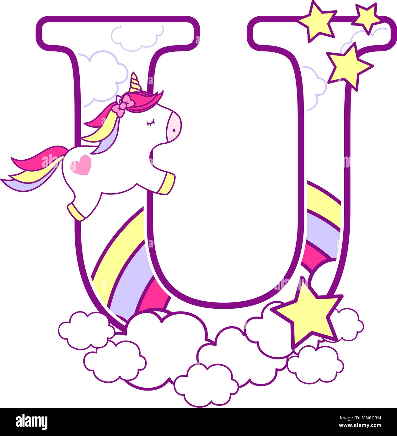 U iniziale con graziosi unicorn e rainbow. può essere usato per il bambino nascita annunci, decorazione di vivaio, parte il tema o compleanno invito. Design per Illustrazione Vettoriale