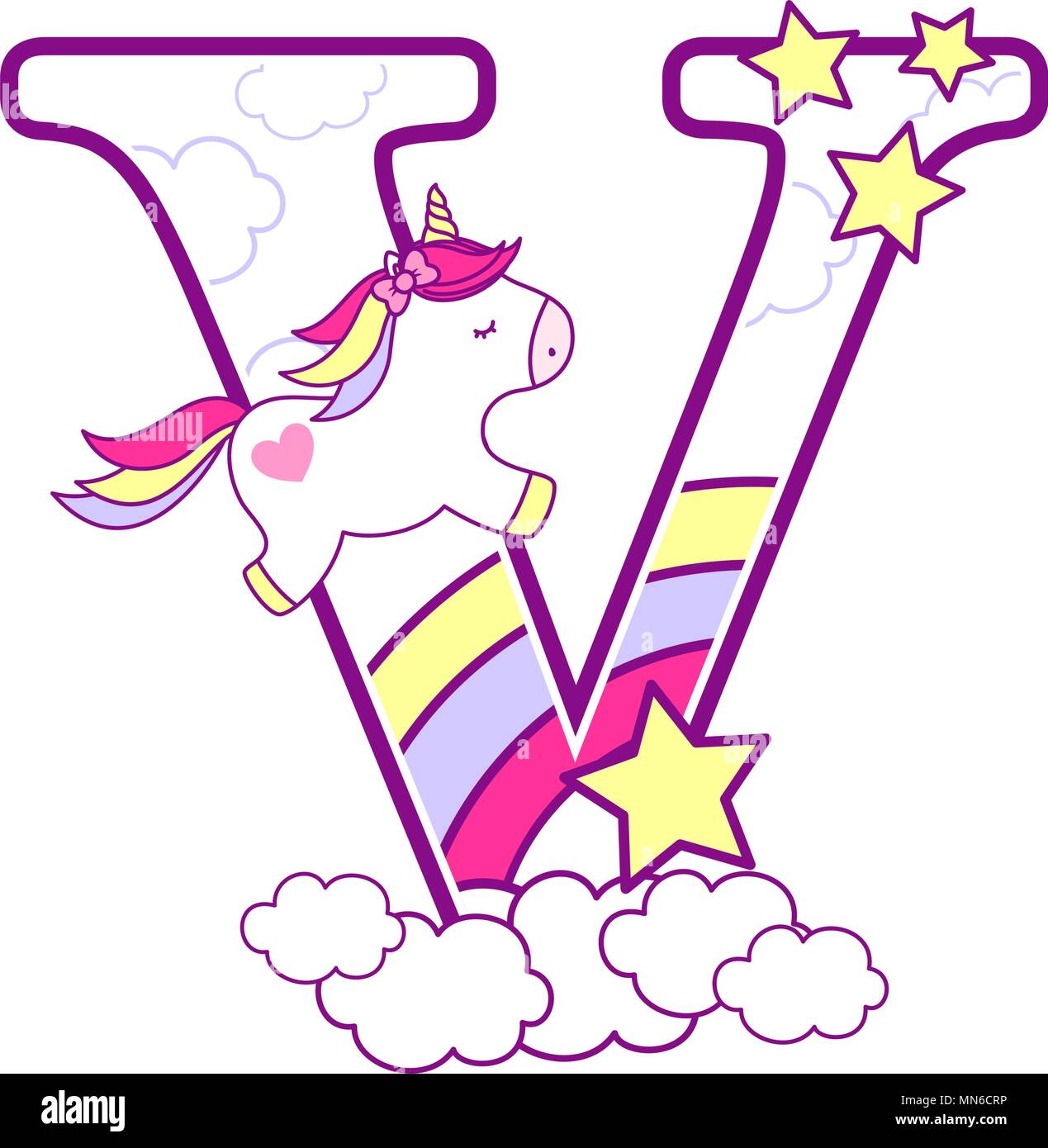 Iniziale v con graziosi unicorn e rainbow. può essere usato per il bambino nascita annunci, decorazione di vivaio, parte il tema o compleanno invito. Design per Illustrazione Vettoriale