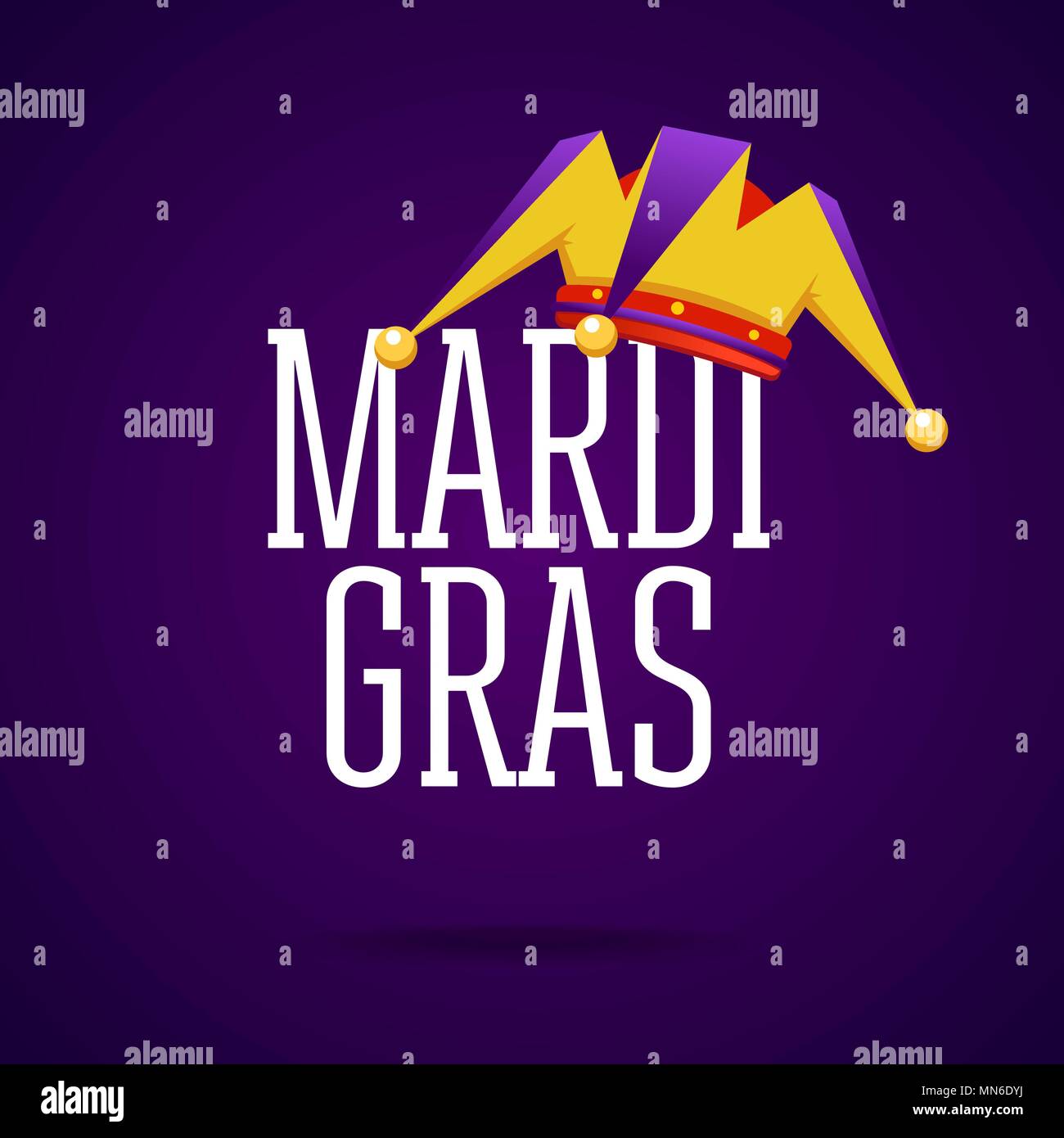 Iscrizione Mardi Gras con clown joker hat simbolo vacanze di Carnevale Martedì grasso Illustrazione Vettoriale