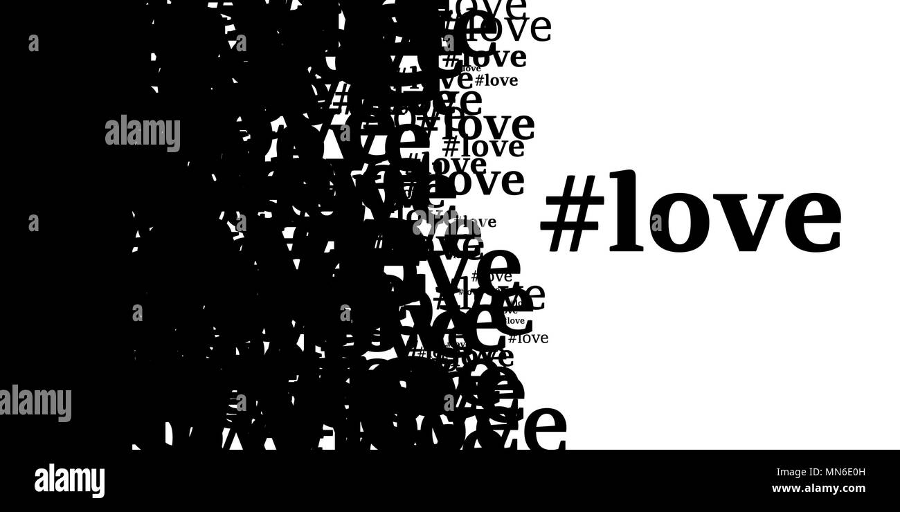La parola amore con hashtag su nero e sfondo bianco. Cartolina per il giorno di San Valentino Illustrazione Vettoriale