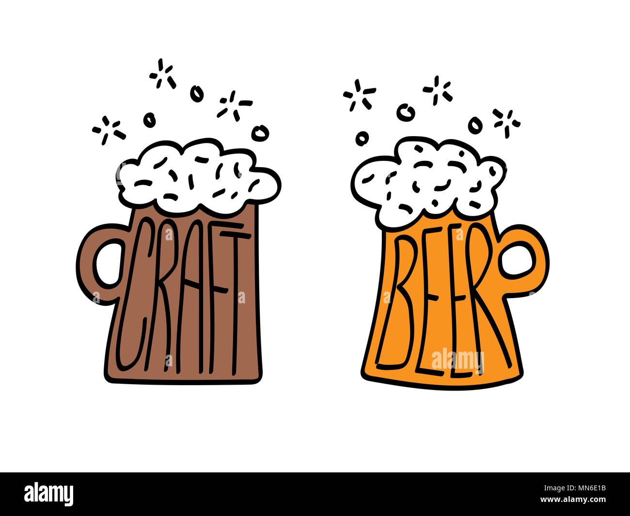 Cartoon boccali di birra. iscrizione su boccali da birra e Kraft. Bianco sfondo isolato Illustrazione Vettoriale
