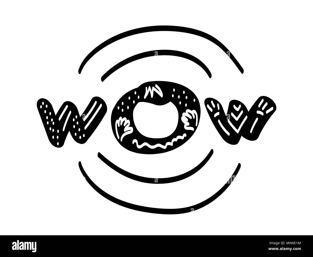 WOW. Iscrizione in ornamenti su sfondo bianco. Monocromatico. Illustrazione Vettoriale