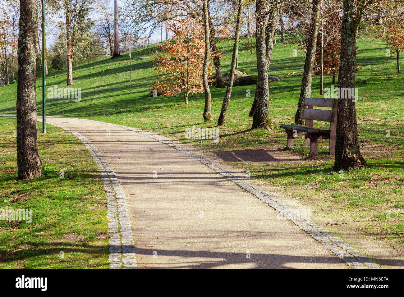 Giardino o una panchina nel parco vicino a un vuoto percorso sporco, via, sentiero o percorso attraverso gli alberi e il verde prato in Parque da Devesa parco urbano. Vila Nova Foto Stock
