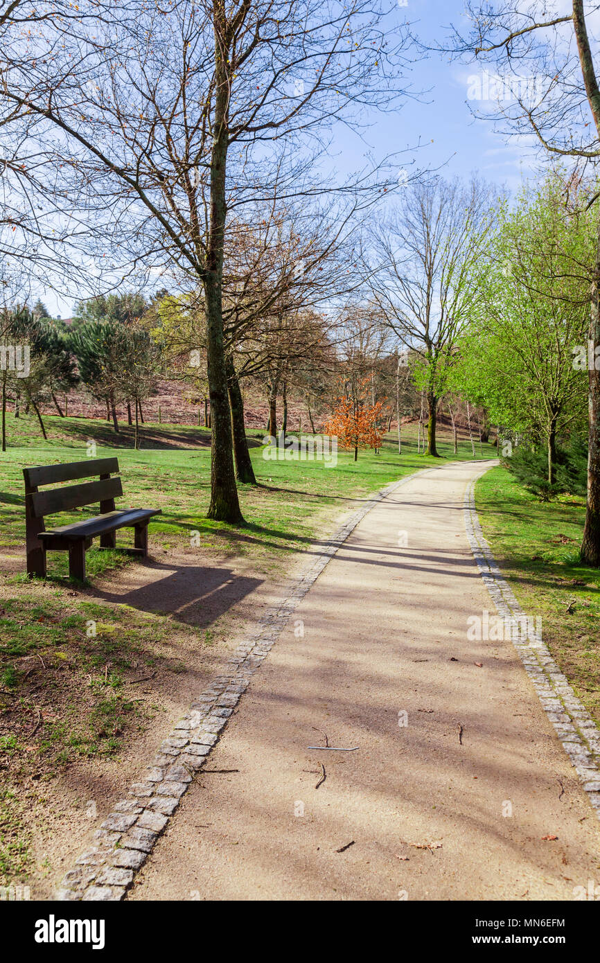 Giardino o una panchina nel parco vicino a un vuoto percorso sporco, via, sentiero o percorso attraverso gli alberi e il verde prato in Parque da Devesa parco urbano. Vila Nova Foto Stock