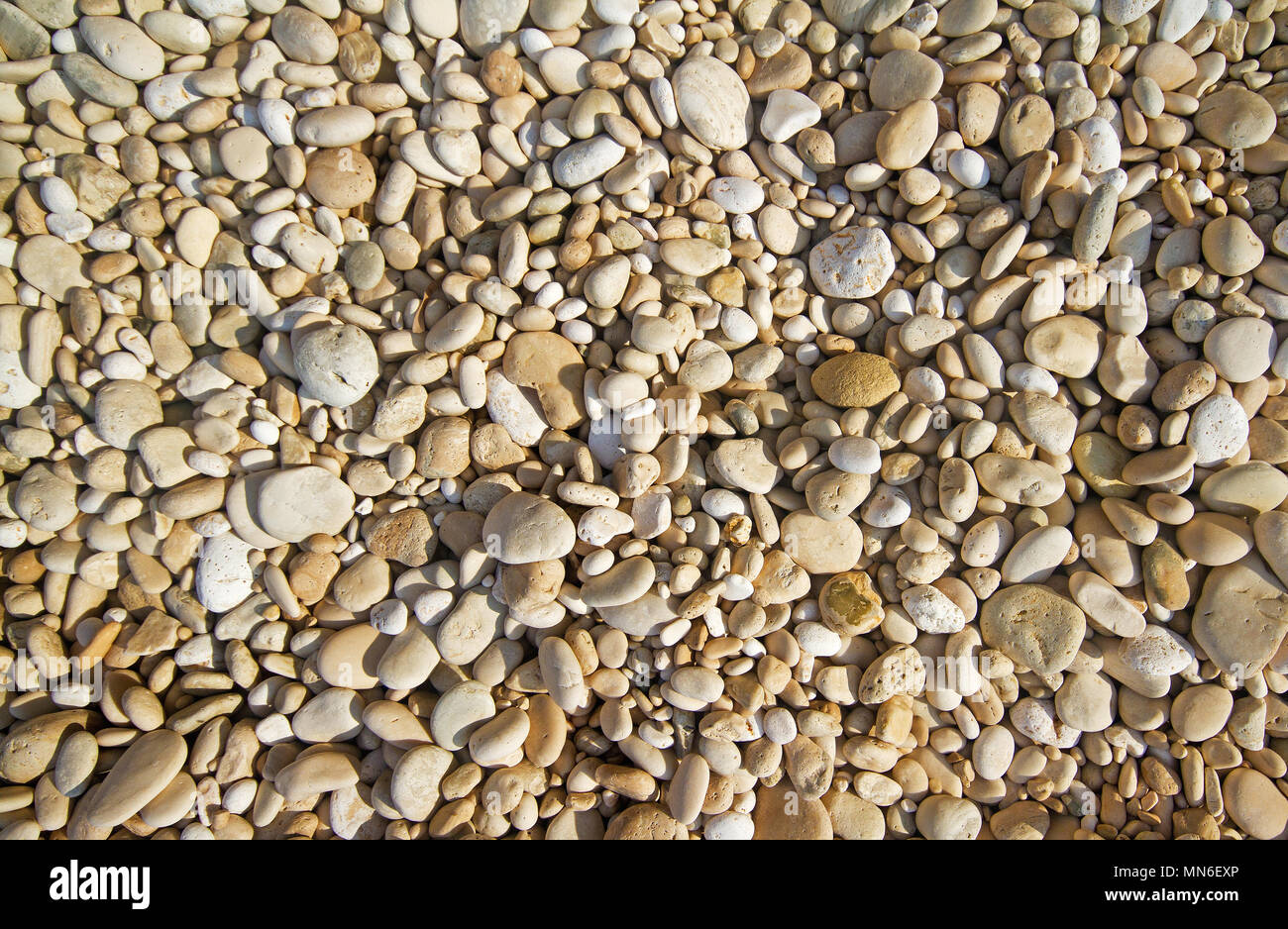 Bianco, grigio e marrone a ciottoli con una superficie liscia e arrotondata su una spiaggia di ciottoli Foto Stock