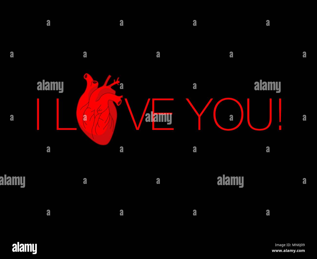 Cartolina al giorno di tutti gli appassionati con iscrizione ti amo e l immagine dell uomo organo interno del cuore. Sfondo nero Illustrazione Vettoriale