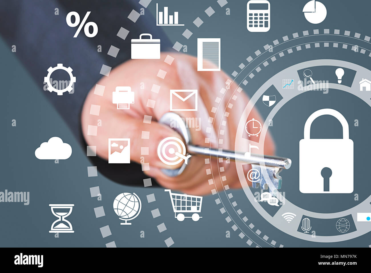 1 businessman chiave aprire serratura digitale la tecnologia dello schermo illustrazione pittura Foto Stock