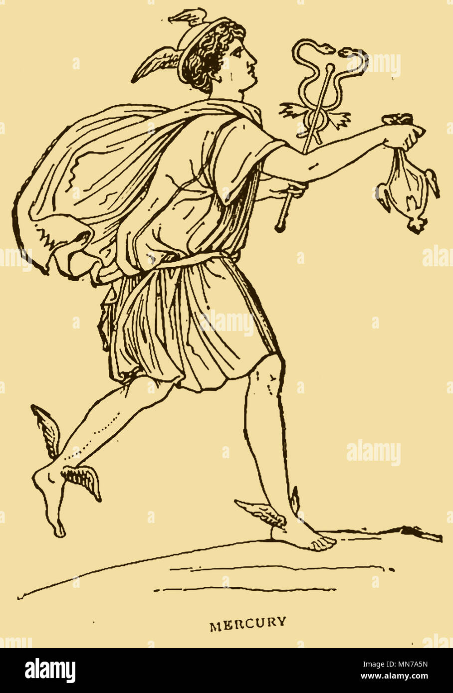 Un 1926 raffigurazione del mitico dio mercurius (mercurio) -dio delle finanze, commercio, eloquenza, poesia, comunicazione (messaggero alato) , la divinazione, viaggiatori, confini e frontiere, fortuna, mercanti, commercio, inganni e ladri e guida delle anime per la malavita.[ Foto Stock