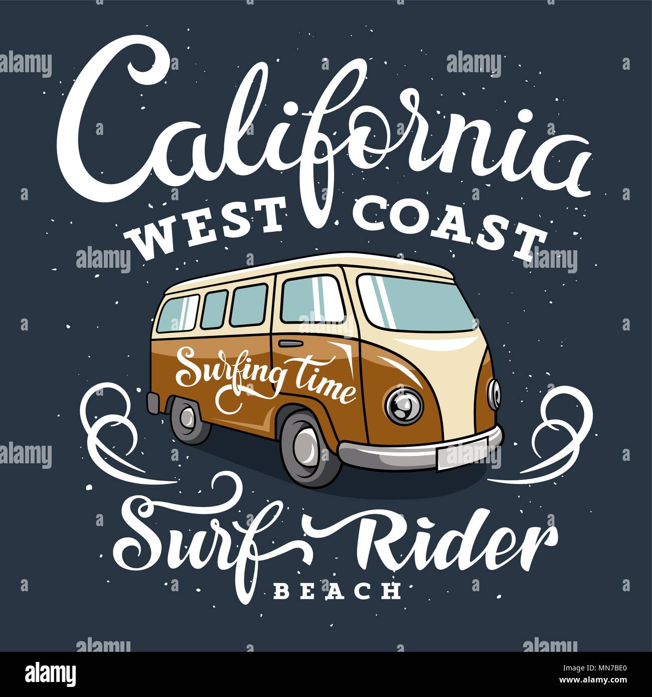 Illustrazione di surf con un hippie camper. California West Coast. Surfrider beach. T-shirt abbigliamento stampa di grafica. Grafica originale Tee Illustrazione Vettoriale