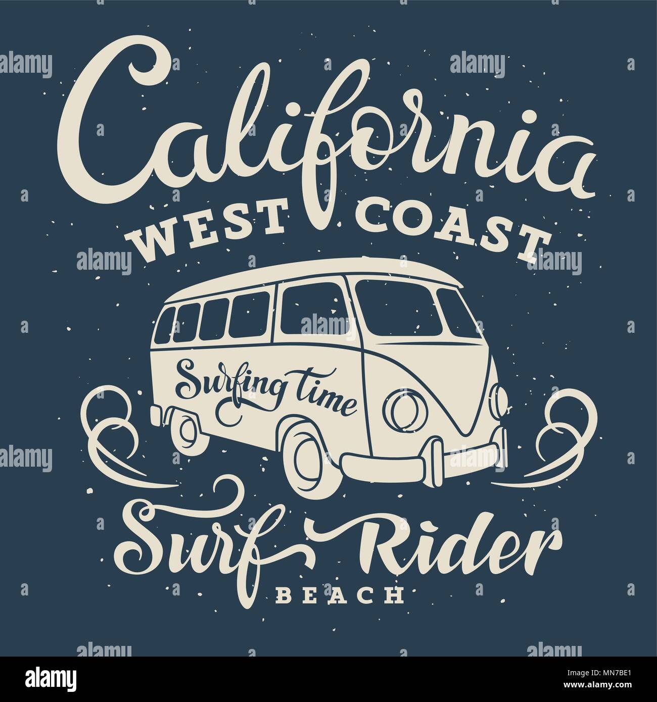 Illustrazione di surf con un furgone hippie. California West Coast. Surfrider beach. T-shirt abbigliamento stampa di grafica. Grafica originale Tee Illustrazione Vettoriale