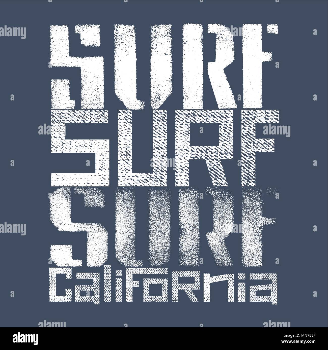 Illustrazione di surf. Navigare in California lettering testurizzato. T-shirt abbigliamento stampa di grafica. Grafica originale Tee Illustrazione Vettoriale