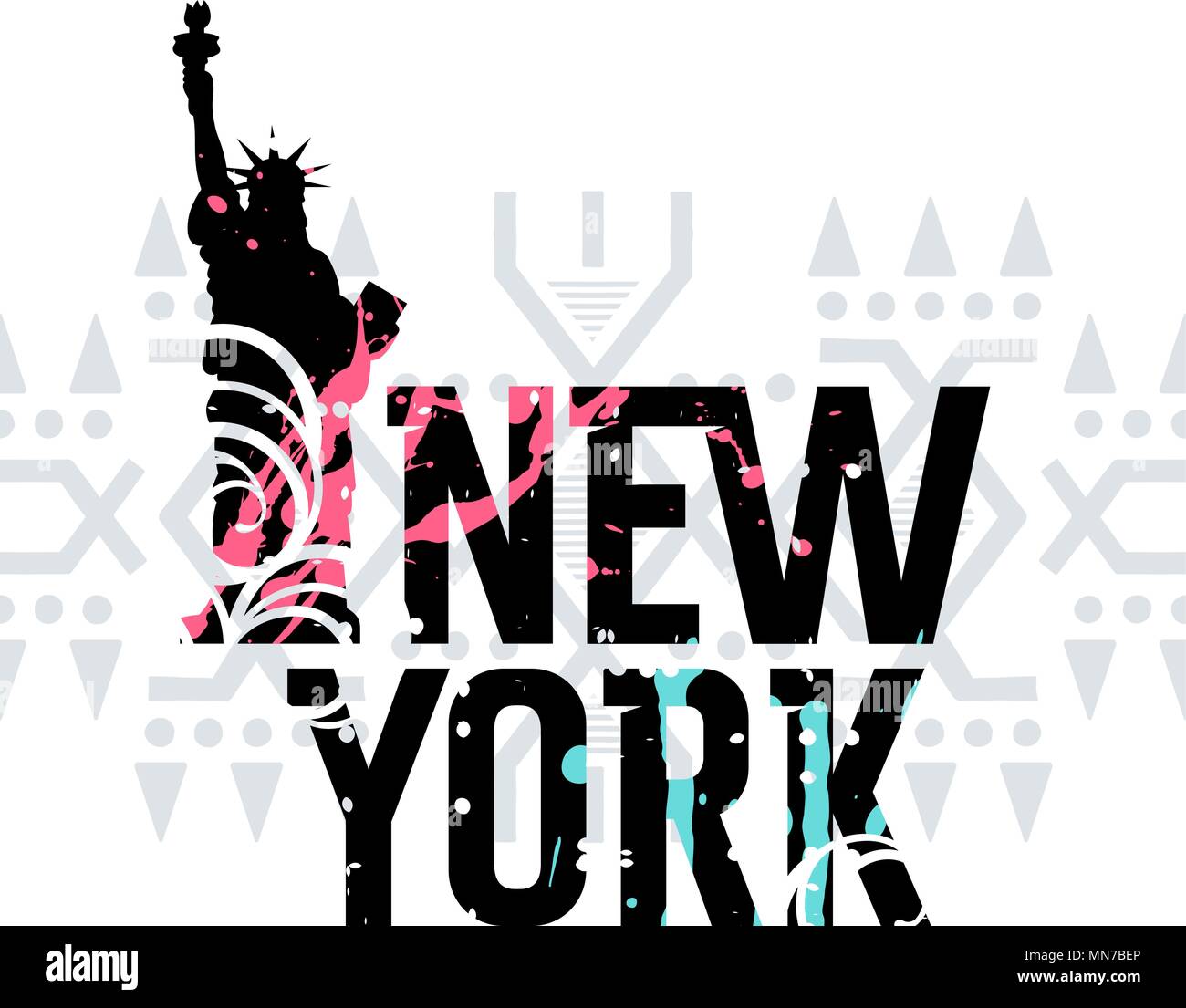 Lettering "New York" e la Statua della Libertà con effetto grunge, macchie di vernice e Tribali etnici pattern. T shirt abbigliamento fashion design Illustrazione Vettoriale