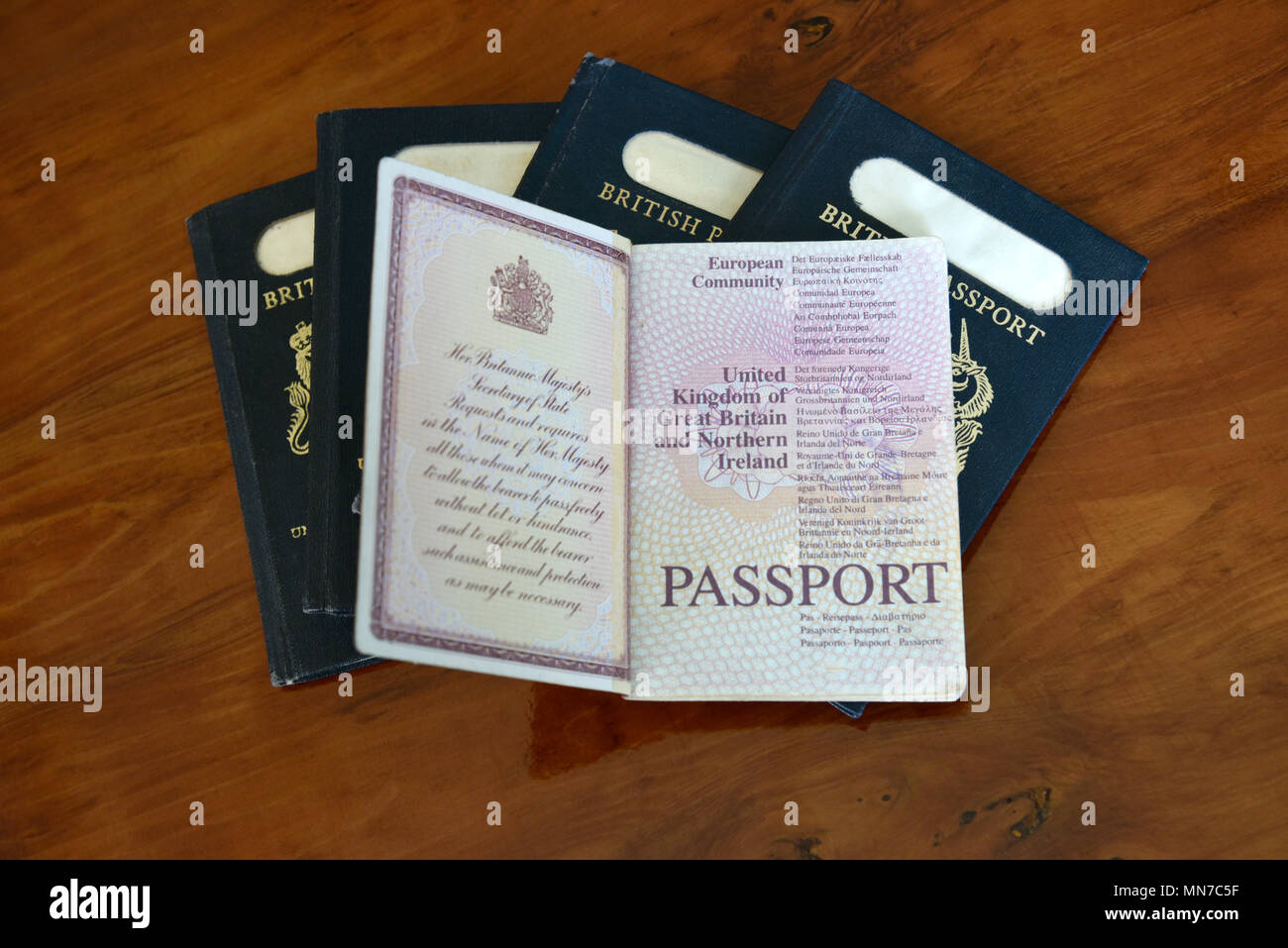 Blu vecchi passaporti britannici con nuovo euro passaporto britannico aperto sulla sommità, numeri tranciati Foto Stock