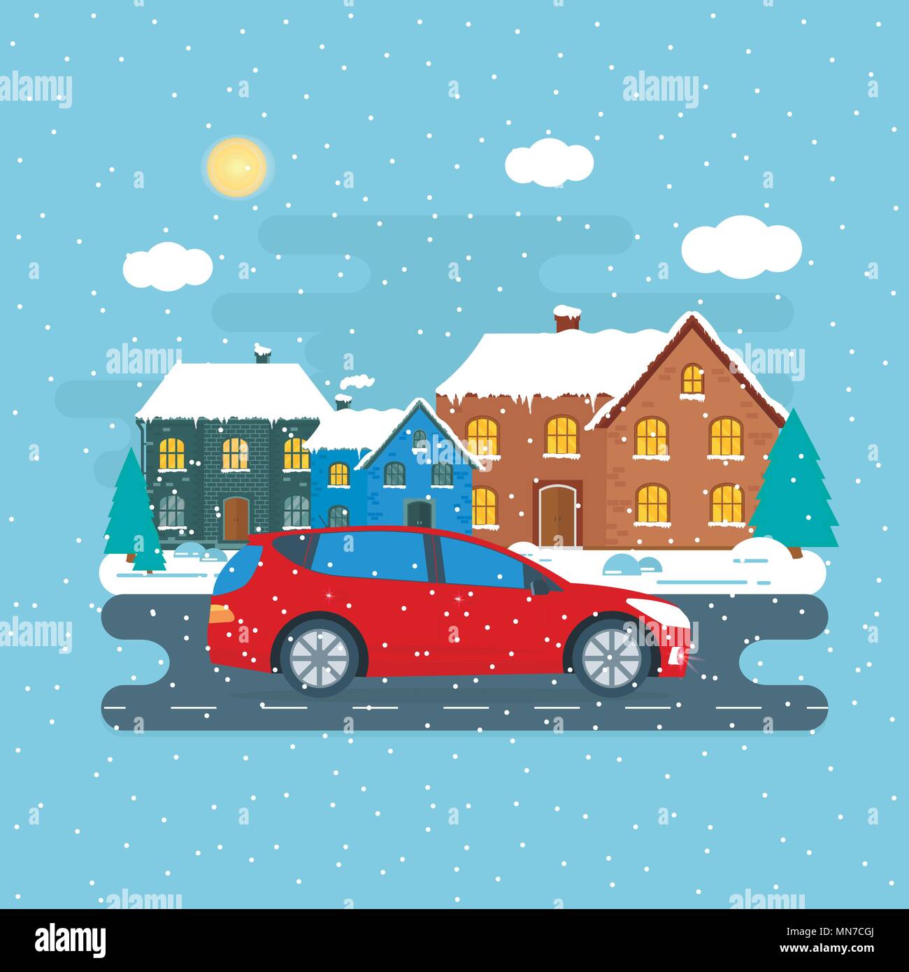 Il poster con il rosso la macchina su winter house background. Auto idea regalo o la presentazione di auto per vendita, noleggio,. Appartamento illustrazione vettoriale. Illustrazione Vettoriale