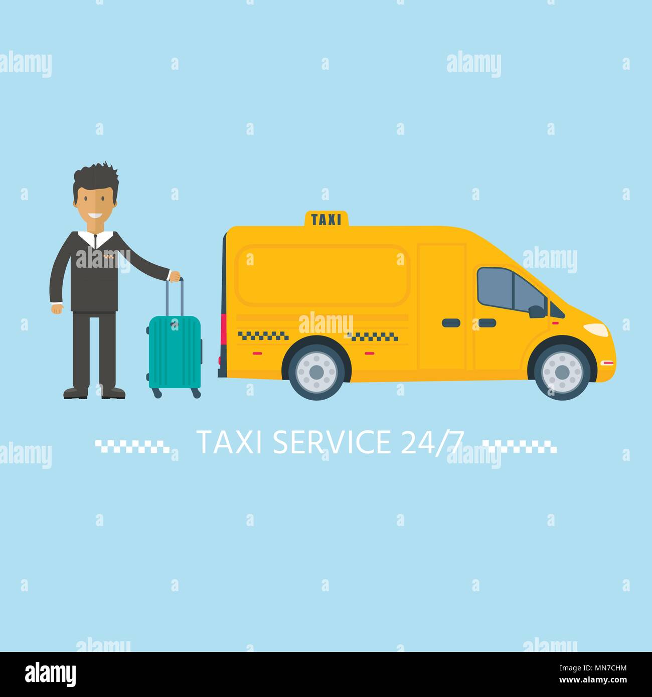 Macchina yellow cab con autista nella città. Carrello pubblico servizio taxi concetto. Appartamento illustrazione vettoriale. Illustrazione Vettoriale