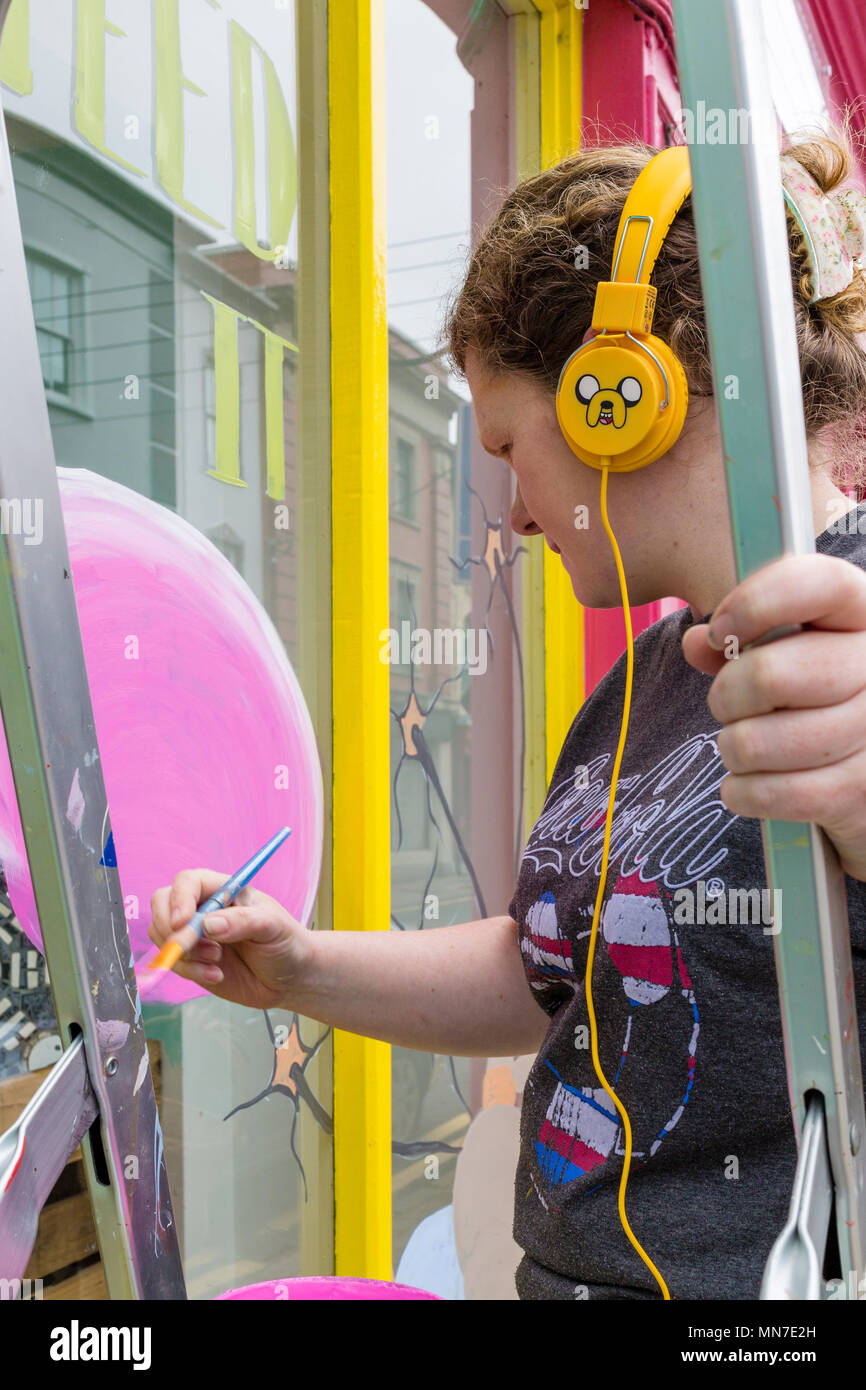 Femmina scrittore segno dipinto una vetrina, Cahersiveen, nella contea di Kerry Irlanda Foto Stock