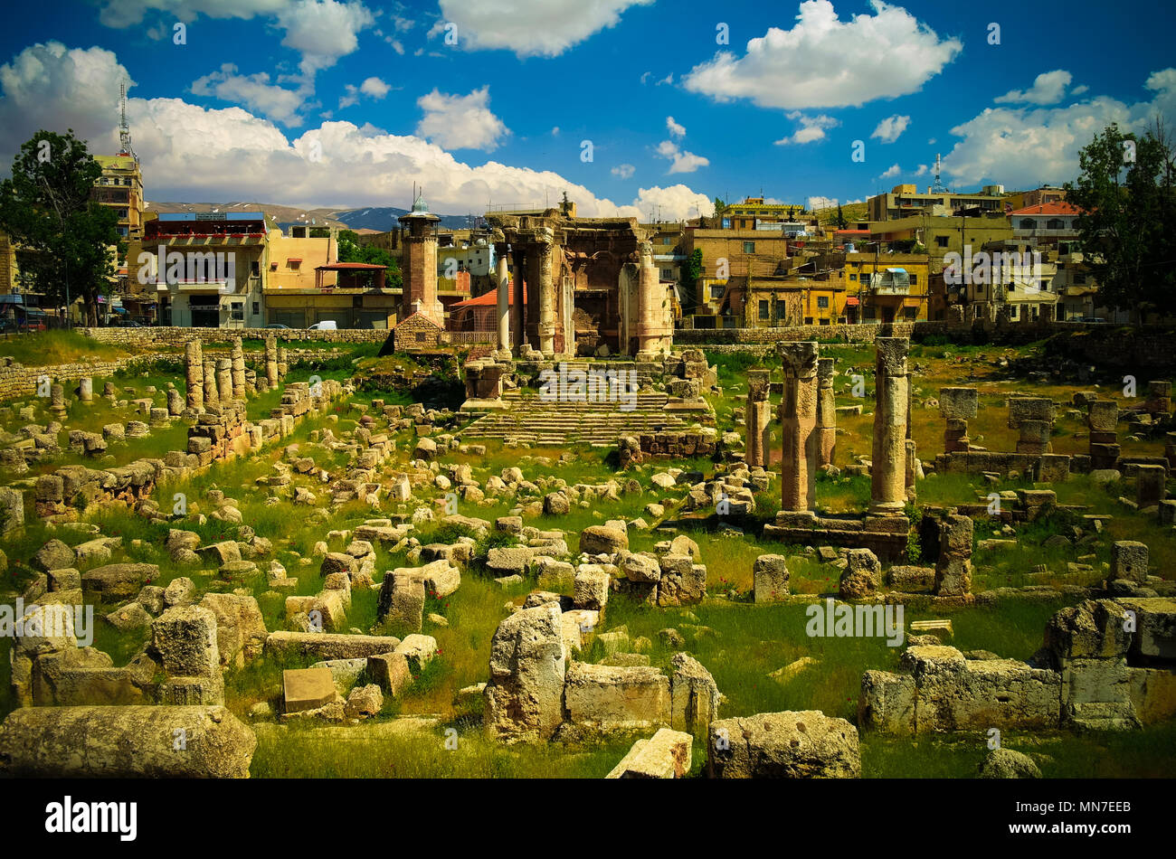 Vista panoramica di rovine del tempio di Venere a Baalbek, Beqaa, valley, Libano Foto Stock