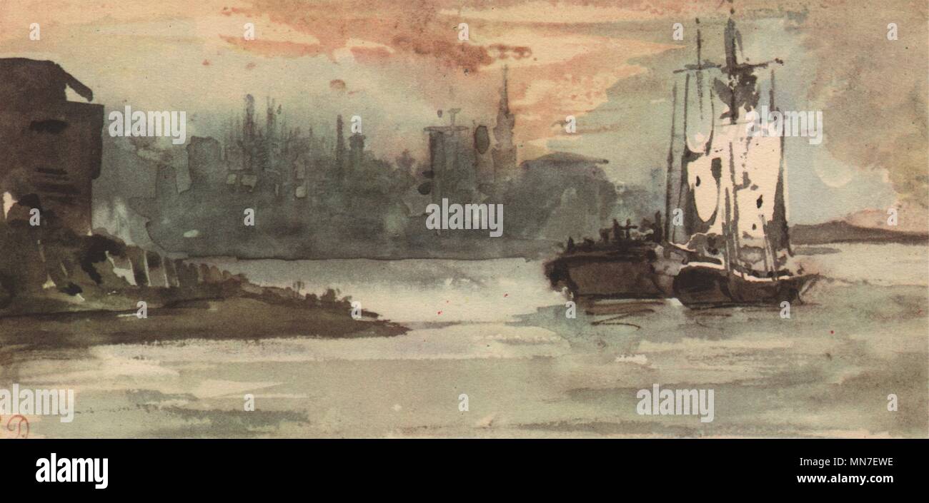 EUGENE DELACROIX. "Le Port d'Anvers". Il Belgio. Litografia di acquerelli di 1947 Foto Stock