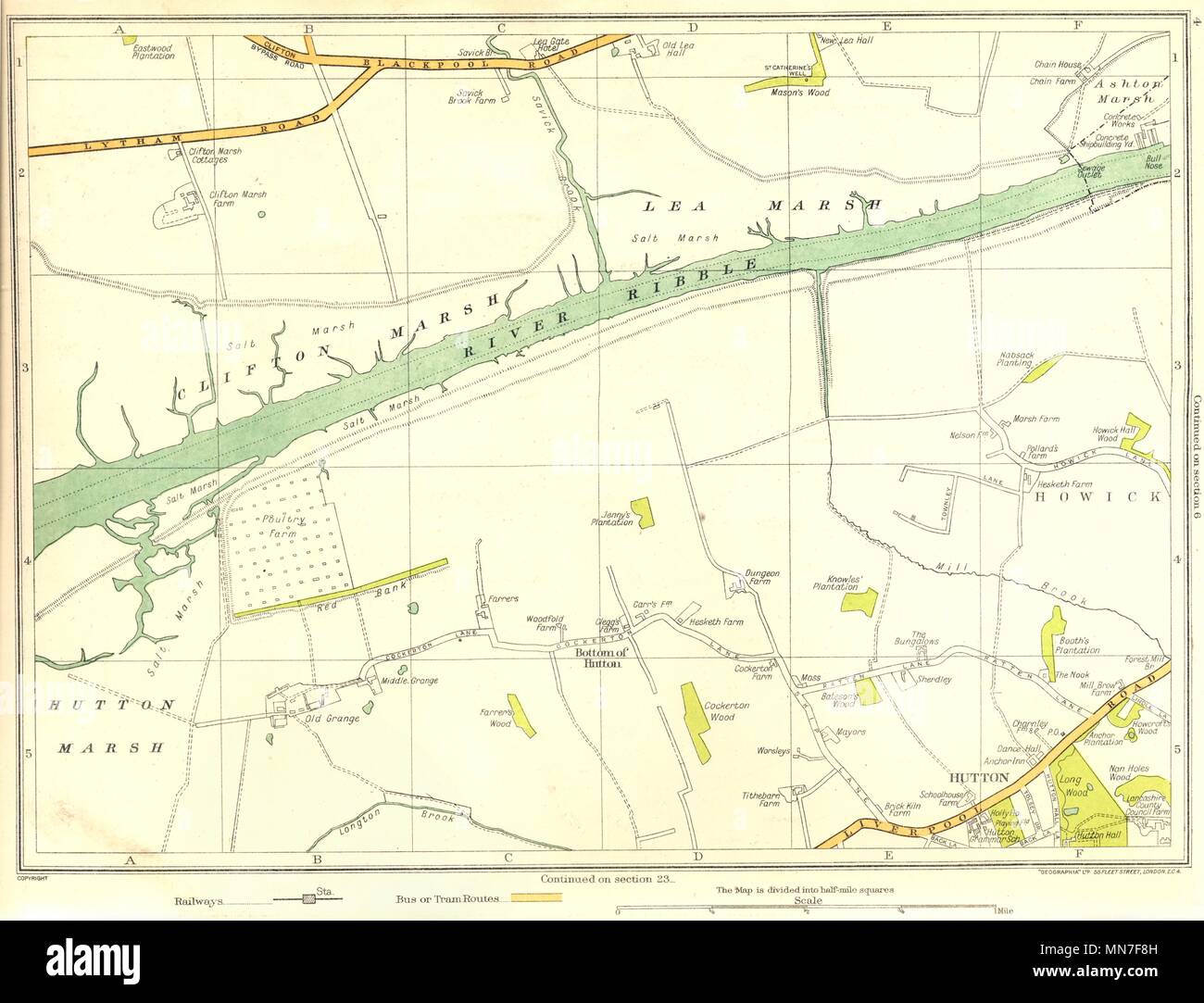 LANCS.Clifton Marsh,Lea Marsh,Howick,Hutton,Hutton Marsh, fiume Ribble 1935 mappa Foto Stock