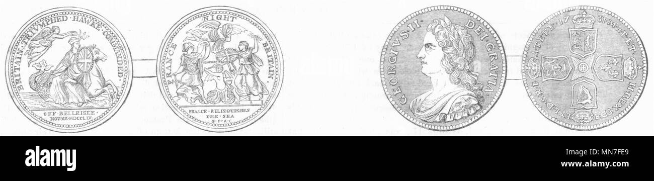 Medaglie. Hawke's vittoria, Quiberon; George II Crown 1845 antica stampa Foto Stock