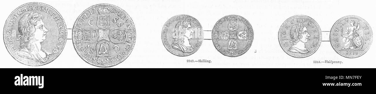 Monete. Per di George I. Crown; Scellino; Halfpenny 1845 antica stampa Foto Stock