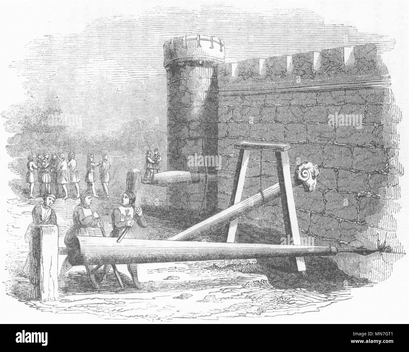 Assedi. Macchine Alesatrici per Battering-Rams 1845 antica immagine di stampa Foto Stock