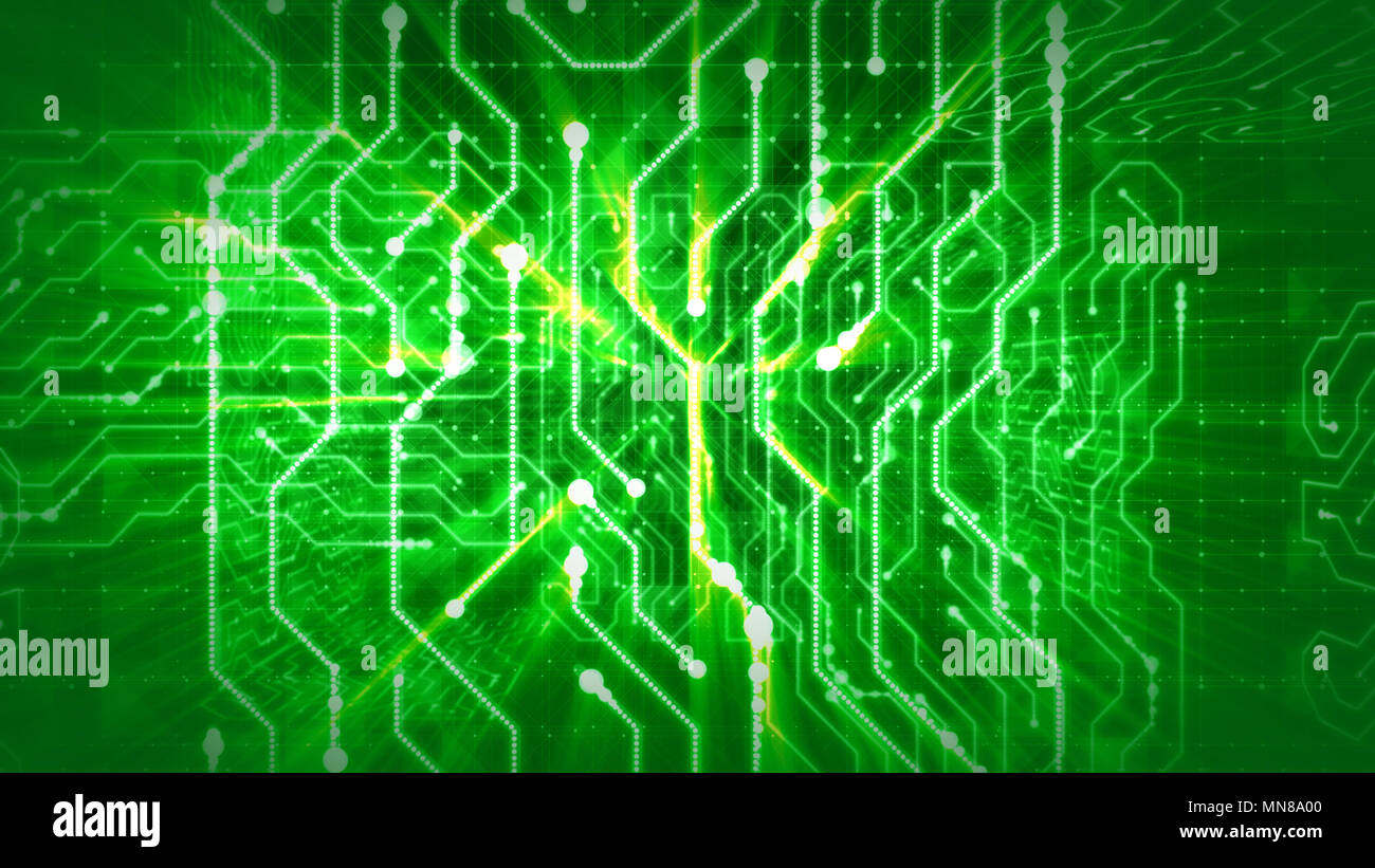 Un cyberspazio 3d rendering globali di una piastra circolare con enigmi da strisce dorate, labirinti di scintillanti linee, curva figure, cubetti di spumanti e b Foto Stock