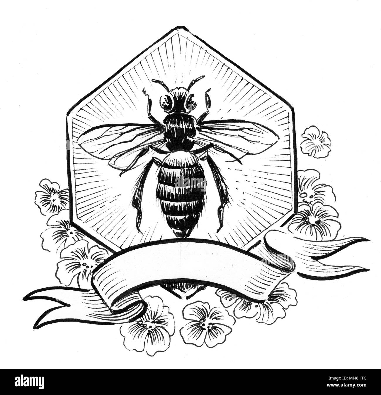Bee, favi,banner e fiori Foto Stock