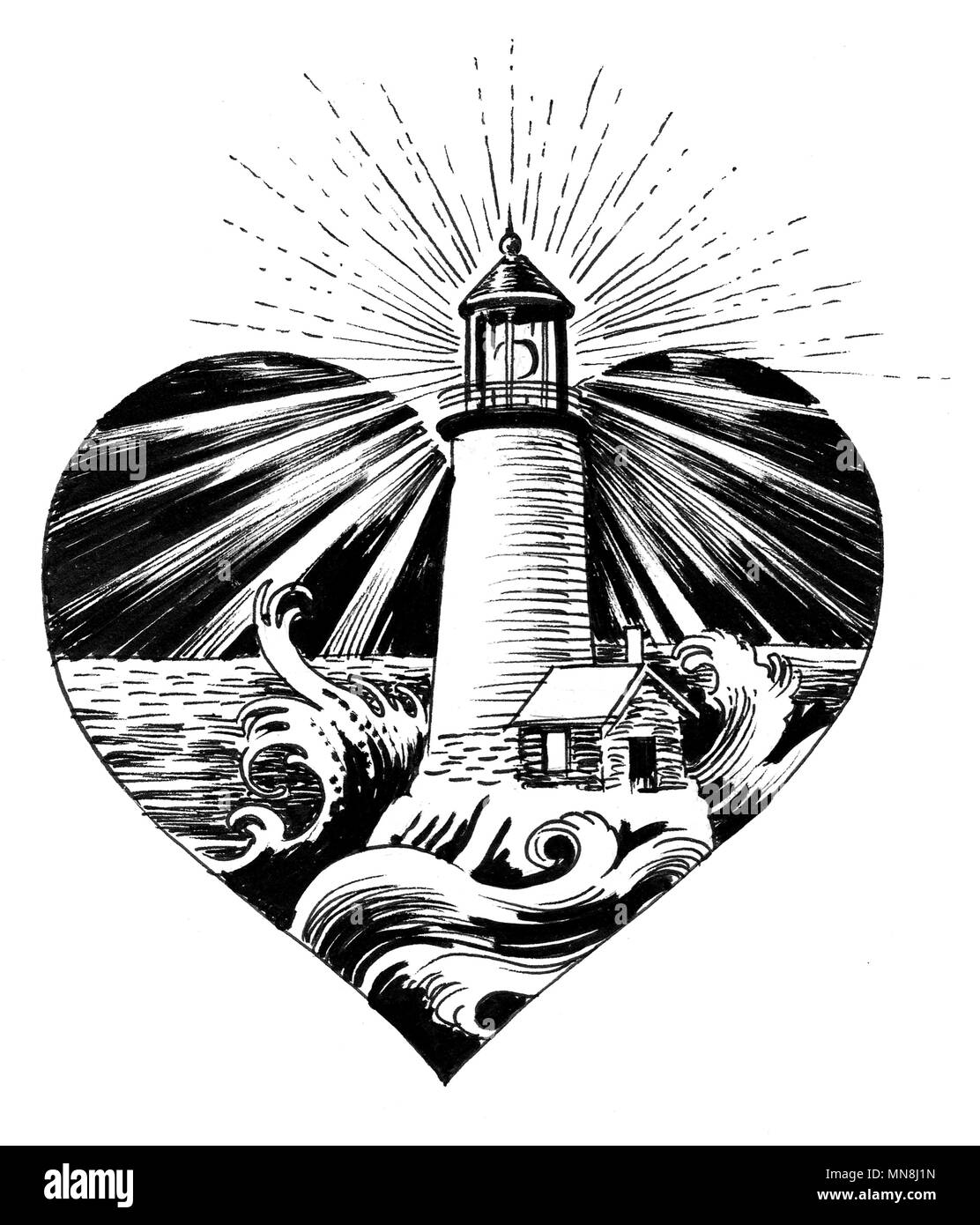 Faro in forma di cuore. L'inchiostro bianco e nero disegno Foto Stock