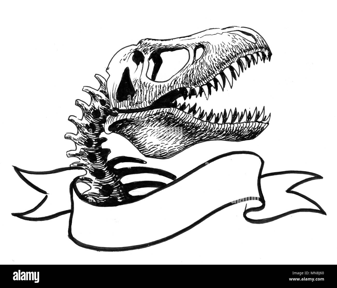 T Rex scheletro e la pagina di intestazione vuota. L'inchiostro bianco e nero illustrazione Foto Stock