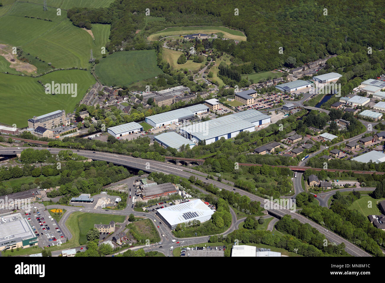 Vista aerea del Lowfields Business Park, Elland, West Yorkshire Foto Stock