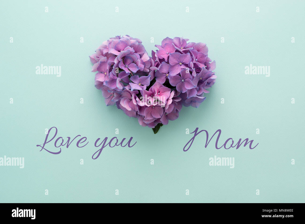 Testo ti amo mamma & forma di cuore fatta di fiori viola su sfondo blu. Felice Festa della Mamma biglietto di auguri. Lay piatto. Foto Stock
