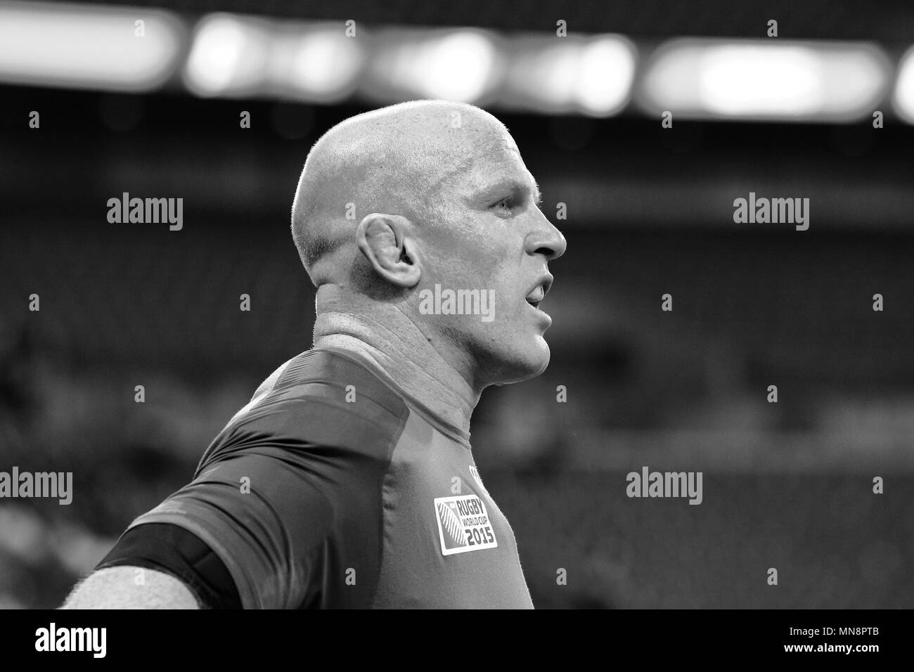 Paul O'Connell capitano della squadra irlandese verso il basso riscaldamento dopo l'IRB RWC 2015 match tra Irlanda v Romania - Piscina D Match 19 allo Stadio di Wembley. Londra, Inghilterra. 27 Settembre 2015 Foto Stock