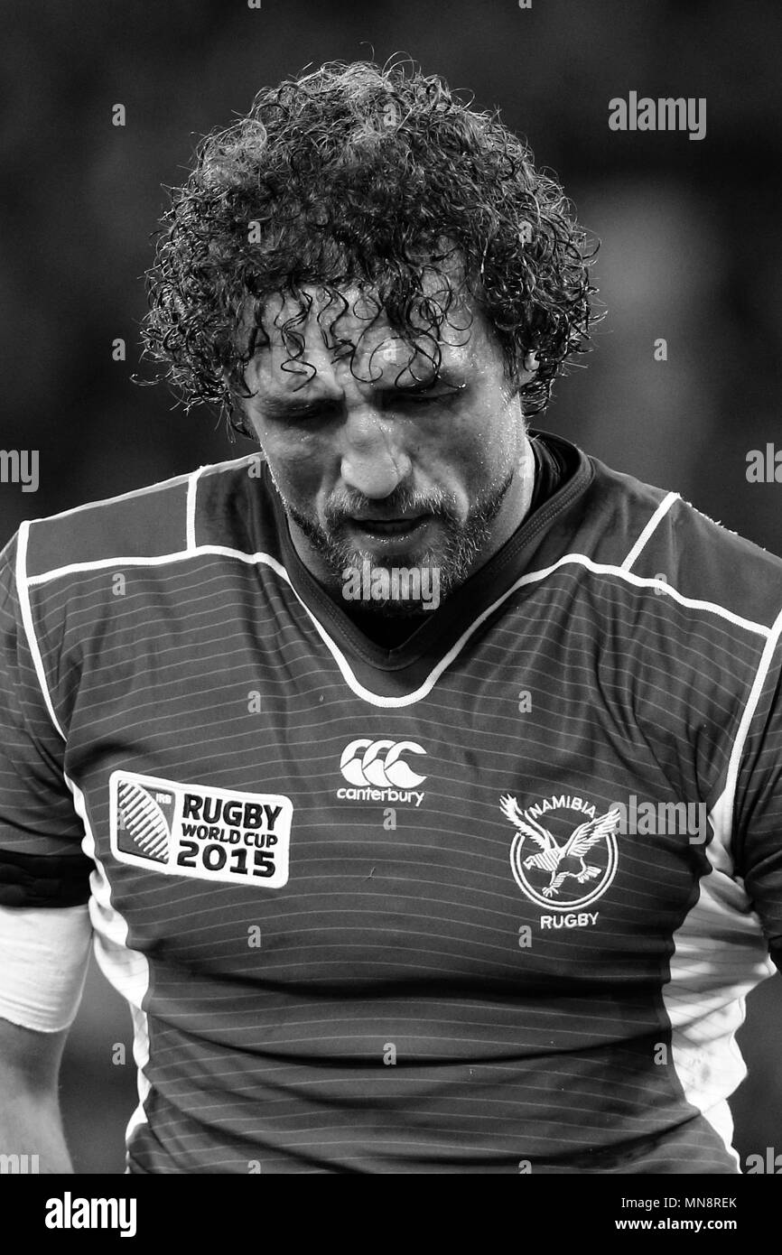 Jacques Burger (Capitano) della Namibia durante l'IRB RWC 2015 match tra Nuova Zelanda All Blacks v Namibia- Pool C corrispondono 12 presso lo Stadio, Queen Elizabeth Olympic Park. Londra, Inghilterra. 24 Settembre 2015 Foto Stock