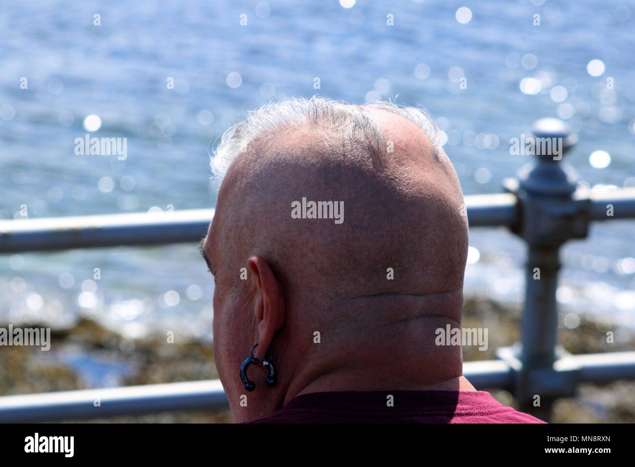 Uomo di mezza età con capelli punk e testa rasata che guarda al mare con sfondo sfocato Foto Stock