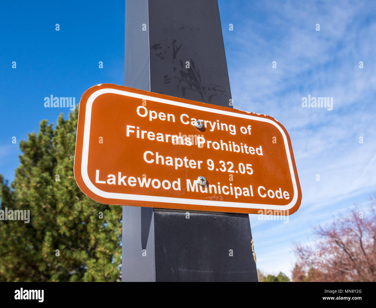 Armi da fuoco proibite accedi O'Kane parco pubblico, Lakewood, Colorado, Stati Uniti d'America. Foto Stock