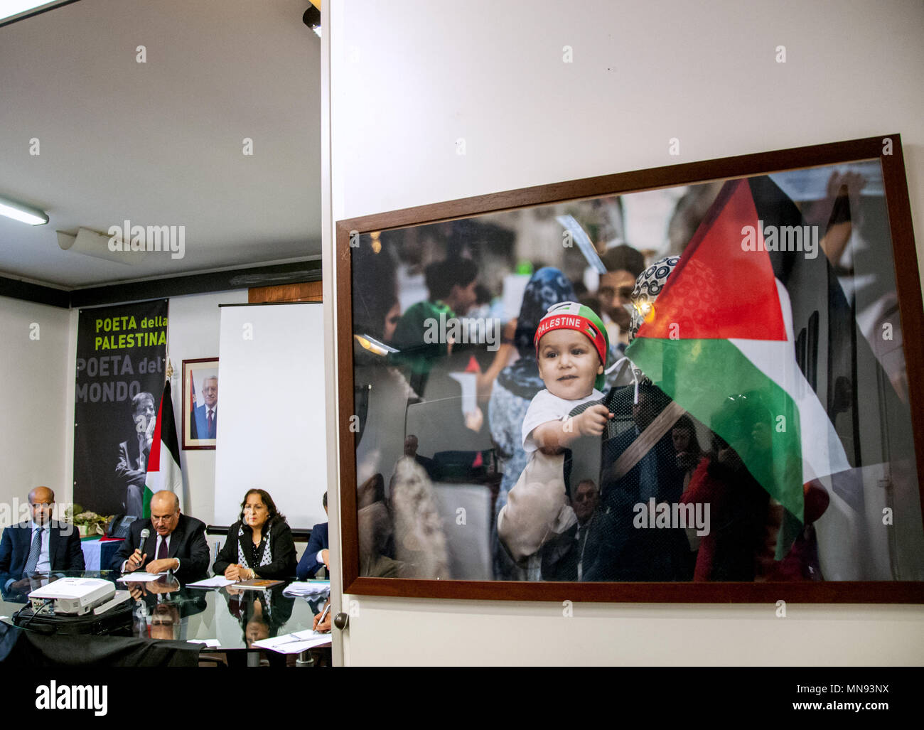 Roma, Italia. 14 Maggio, 2018. Roma. Commemorazione del settantesimo anniversario della la Nakba palestinese presso l Ambasciata Italiana di Palestina. Presente Mai Alkaila, Ambasciatore dello Stato di Palestina e Rappresentante permanente presso le agenzie delle Nazioni Unite FAO, IFAD e PAM fin dal 2013. Credito: Patrizia Cortellessa/Pacific Press/Alamy Live News Foto Stock