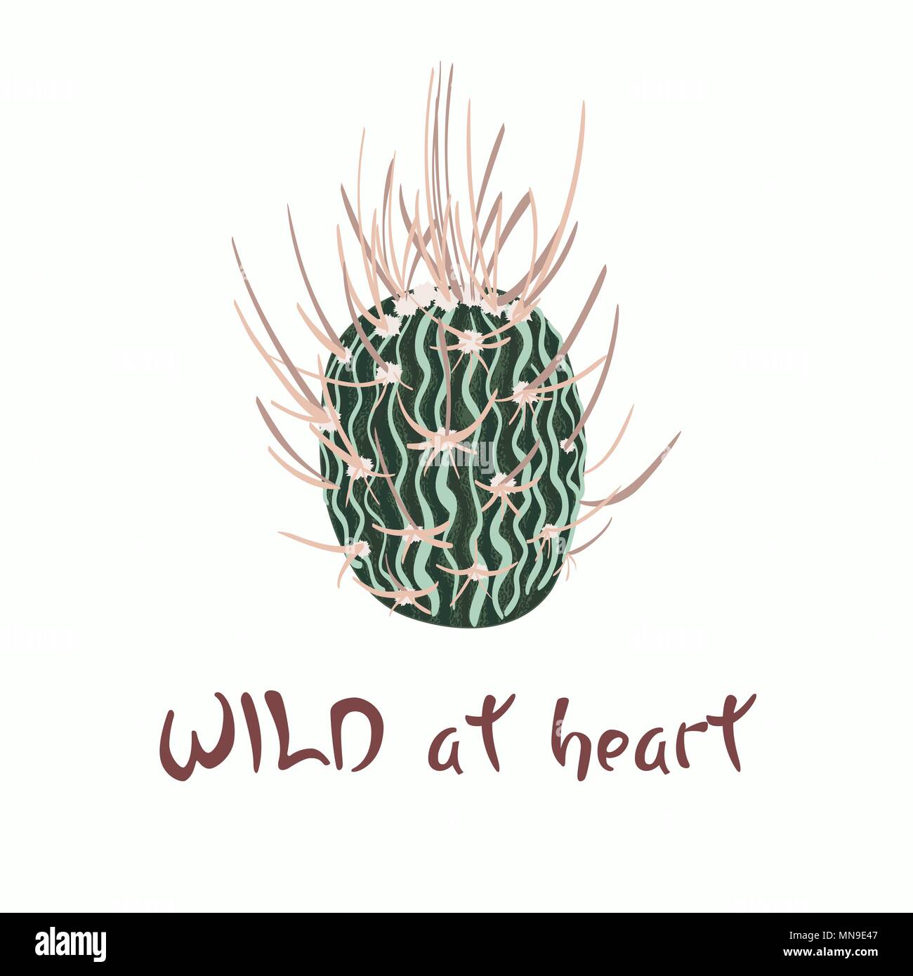 Scritto a mano scritte messaggio slogan selvaggio a cuore con immagine di cactus Illustrazione Vettoriale