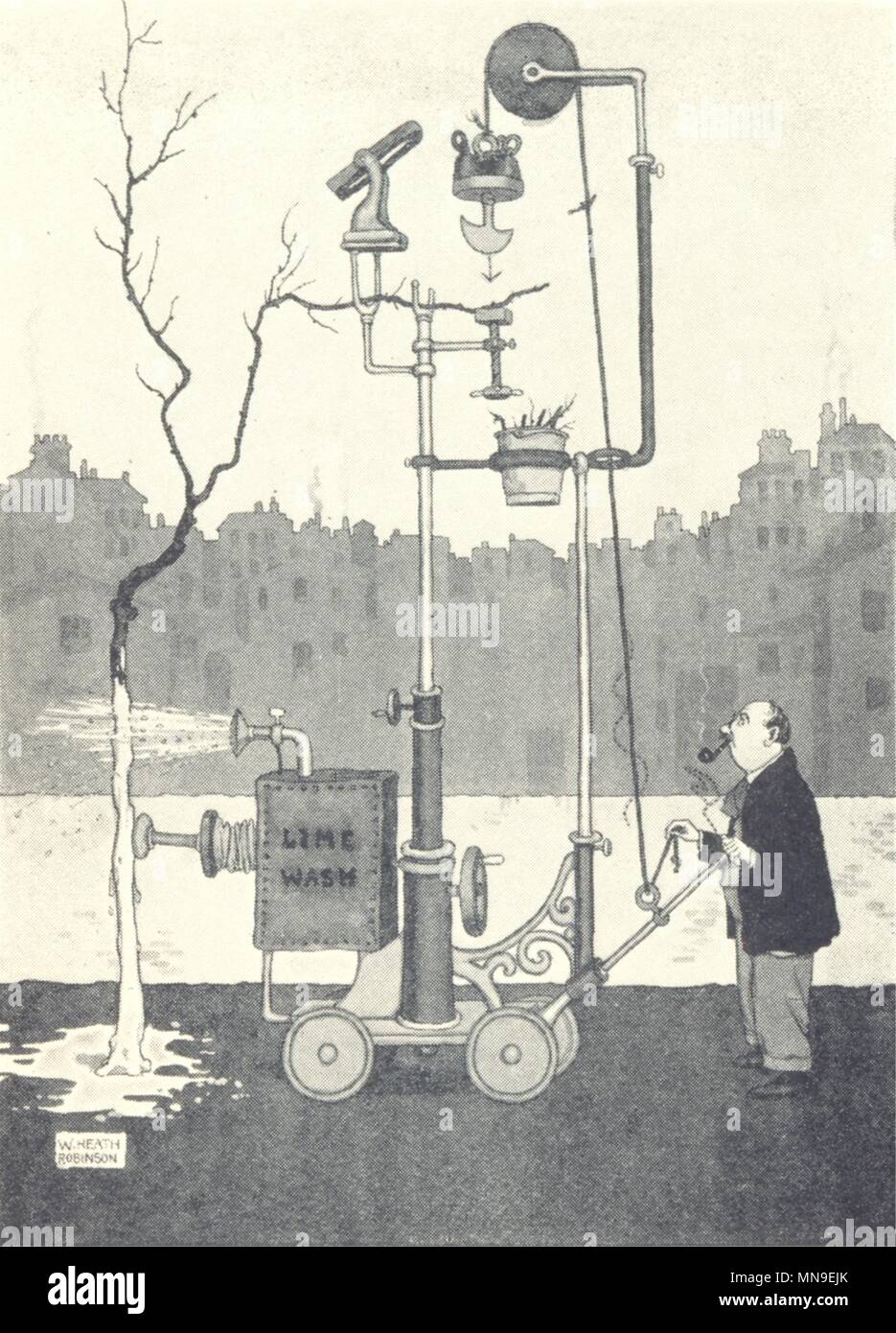 HEATH Robinson. Alberi da frutto potatore. Corteccia Limewashes mentre la potatura di rami 1935 Foto Stock