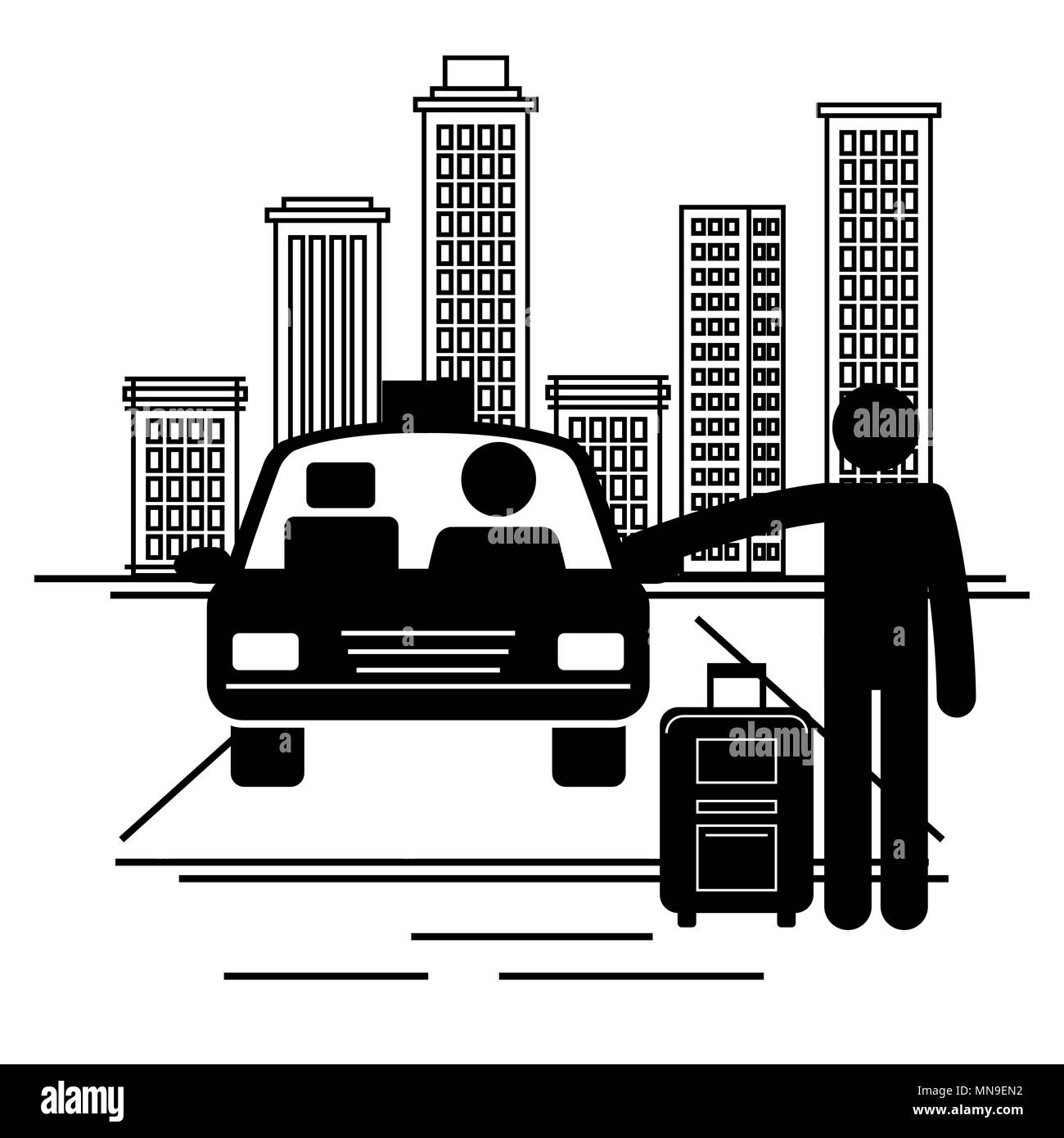 Viaggiatore con valigia fermare un taxi Illustrazione Vettoriale