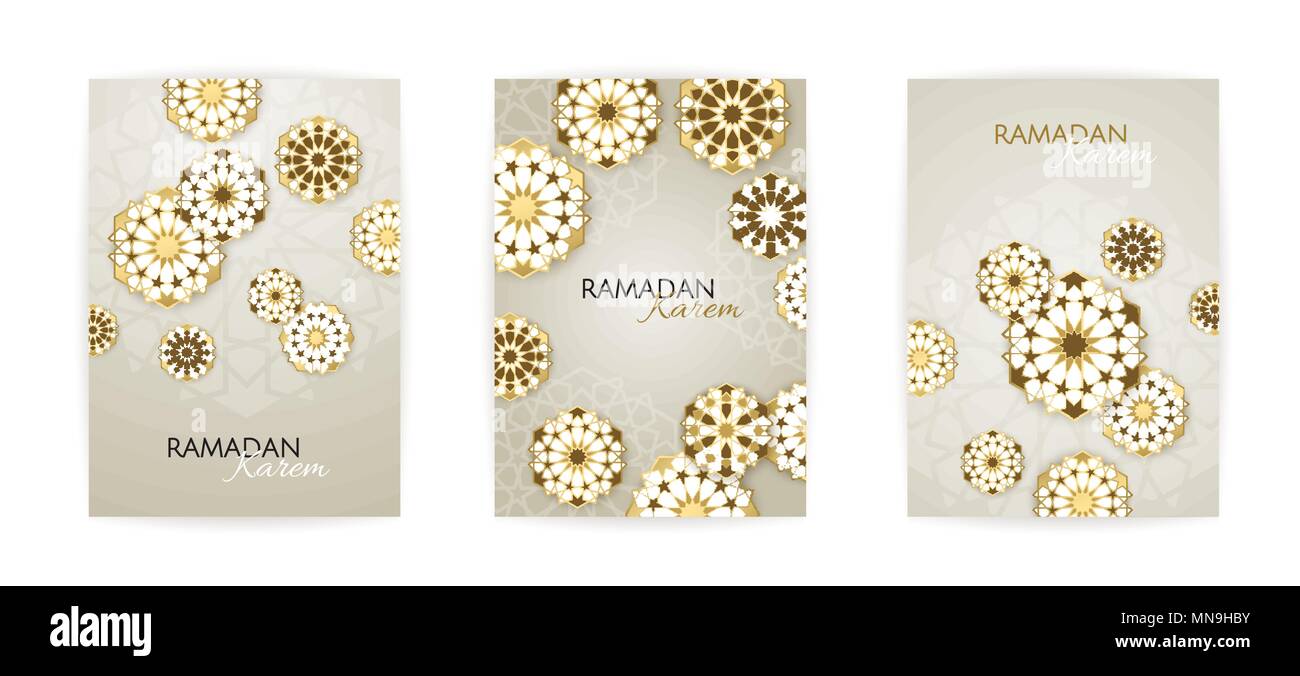 Il Ramadan Kareem serie di poster o inviti design con 3d carta tagliata lanterne islamica, stelle e luna su oro e sfondo violetto. Vector illustrat Illustrazione Vettoriale