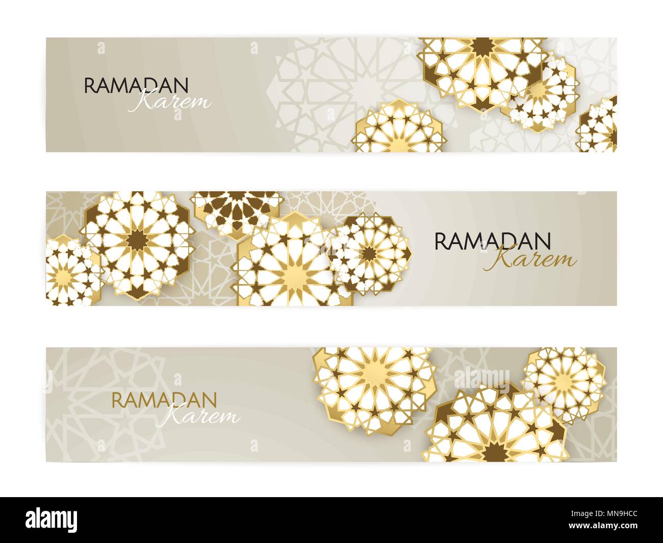Il Ramadan Kareem Banner orizzontale con 3d arabesque stelle e fiori. Illustrazione Vettoriale per biglietto di auguri, poster e voucher. Illustrazione Vettoriale