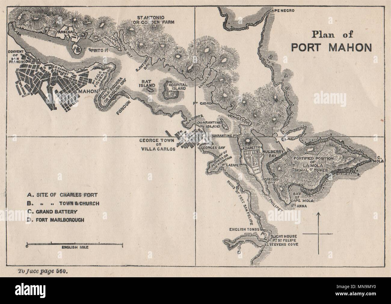 Porto di Mahon città antica città di Ciudad del piano. Minorca spagna Espana. MURRAY 1898 mappa Foto Stock