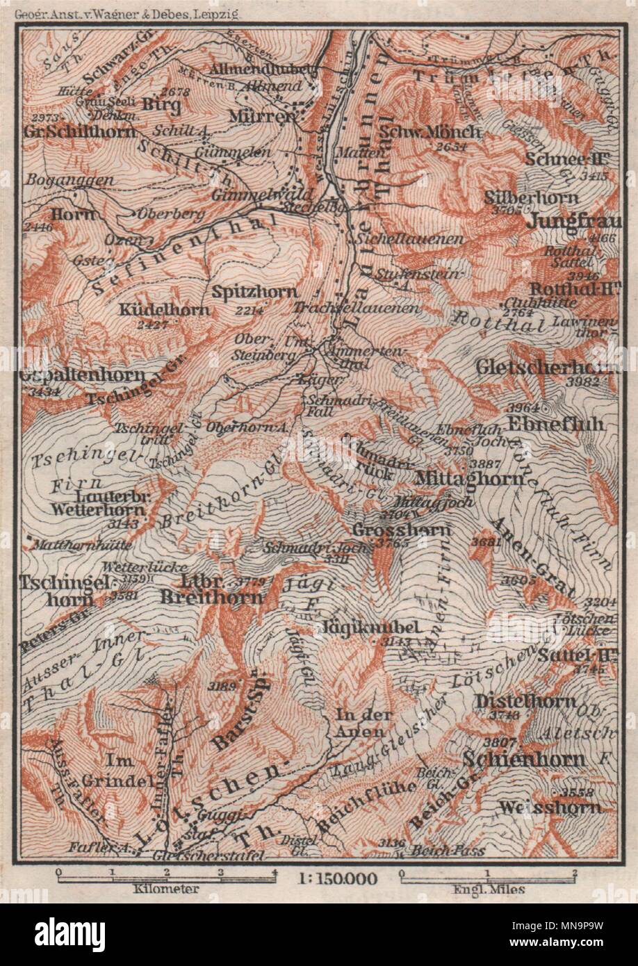 Alta Valle di Lauterbrunnen. Mürren Grosshorn Breithorn Jungfrau. Piccola 1897 mappa Foto Stock