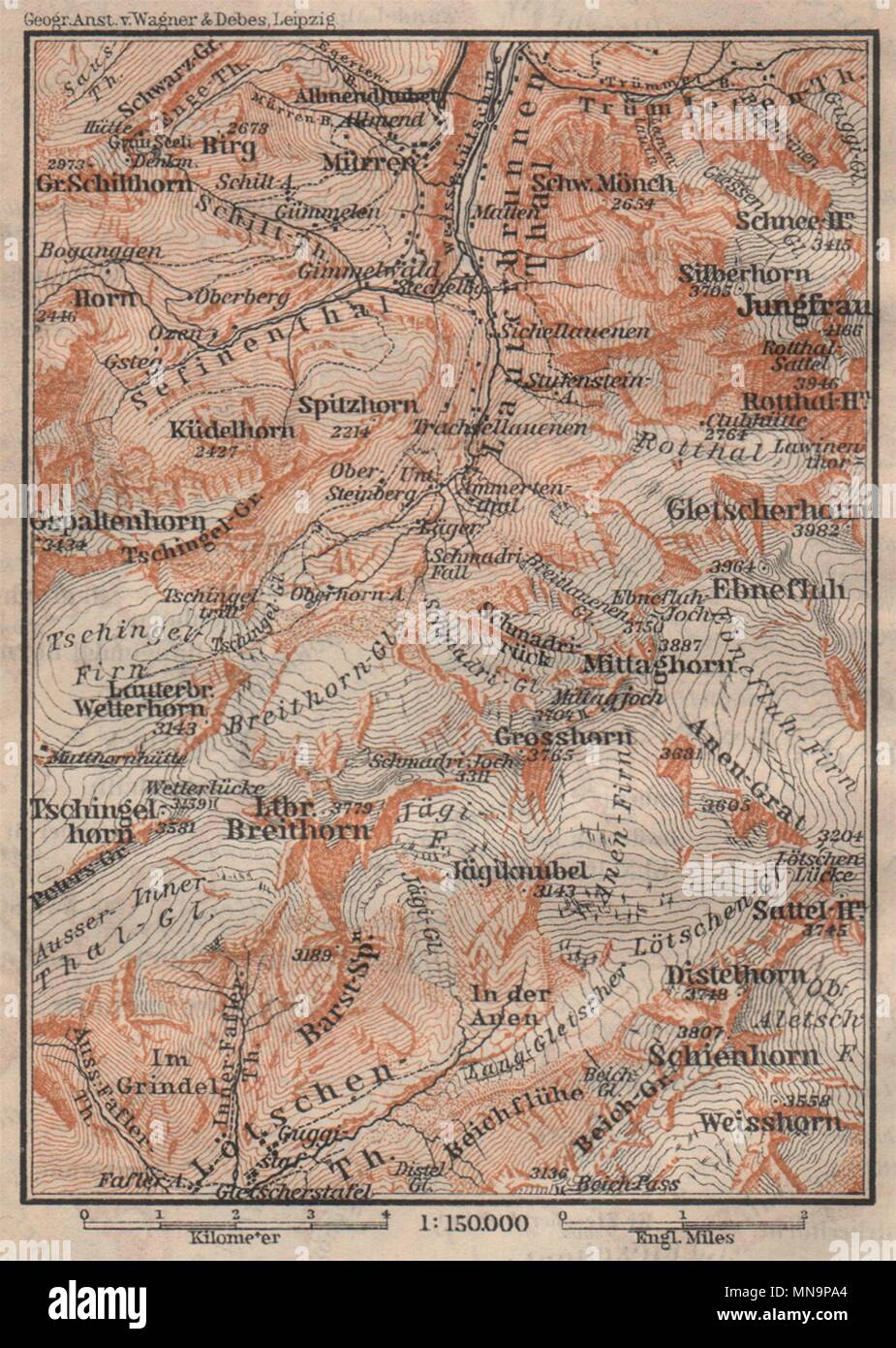 Alta Valle di Lauterbrunnen/parete. Mürren Grosshorn Jungfrau. Piccola 1905 mappa vecchia Foto Stock