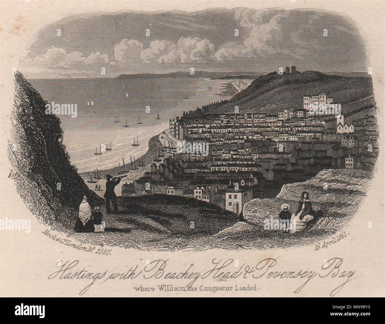 Hastings con Beachy Head & Pevensey Bay, Sussex. Antica incisione in acciaio 1861 Foto Stock