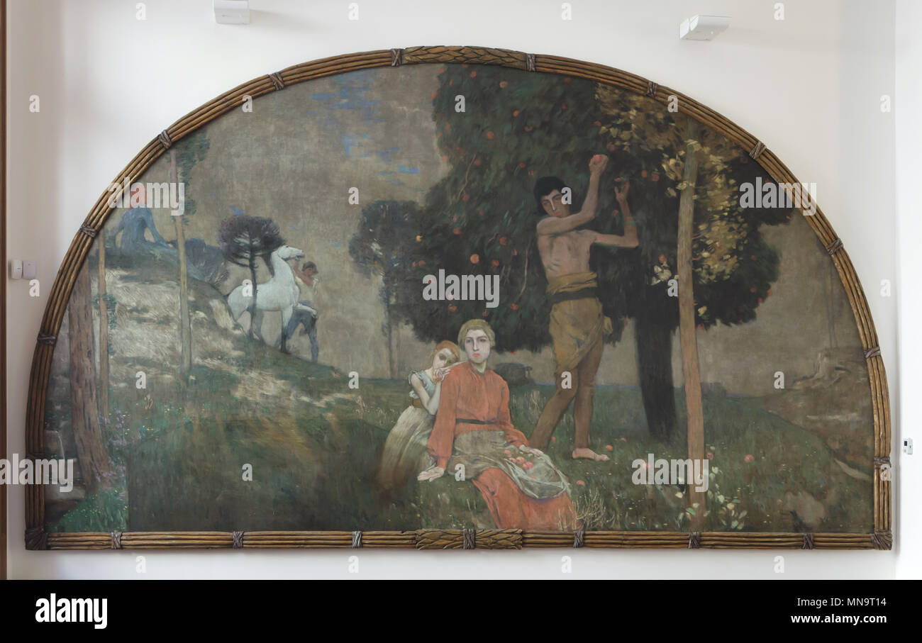 Murale decorativo dipinto per la sala da pranzo del Grand Hotel a Hradec Králové (1903-1904) da Czech Art Nouveau pittore Jan Preisler sul display nella Galleria di Arte Moderna (galerie umění moderního) a Hradec Králové in Boemia orientale, Repubblica Ceca. Foto Stock