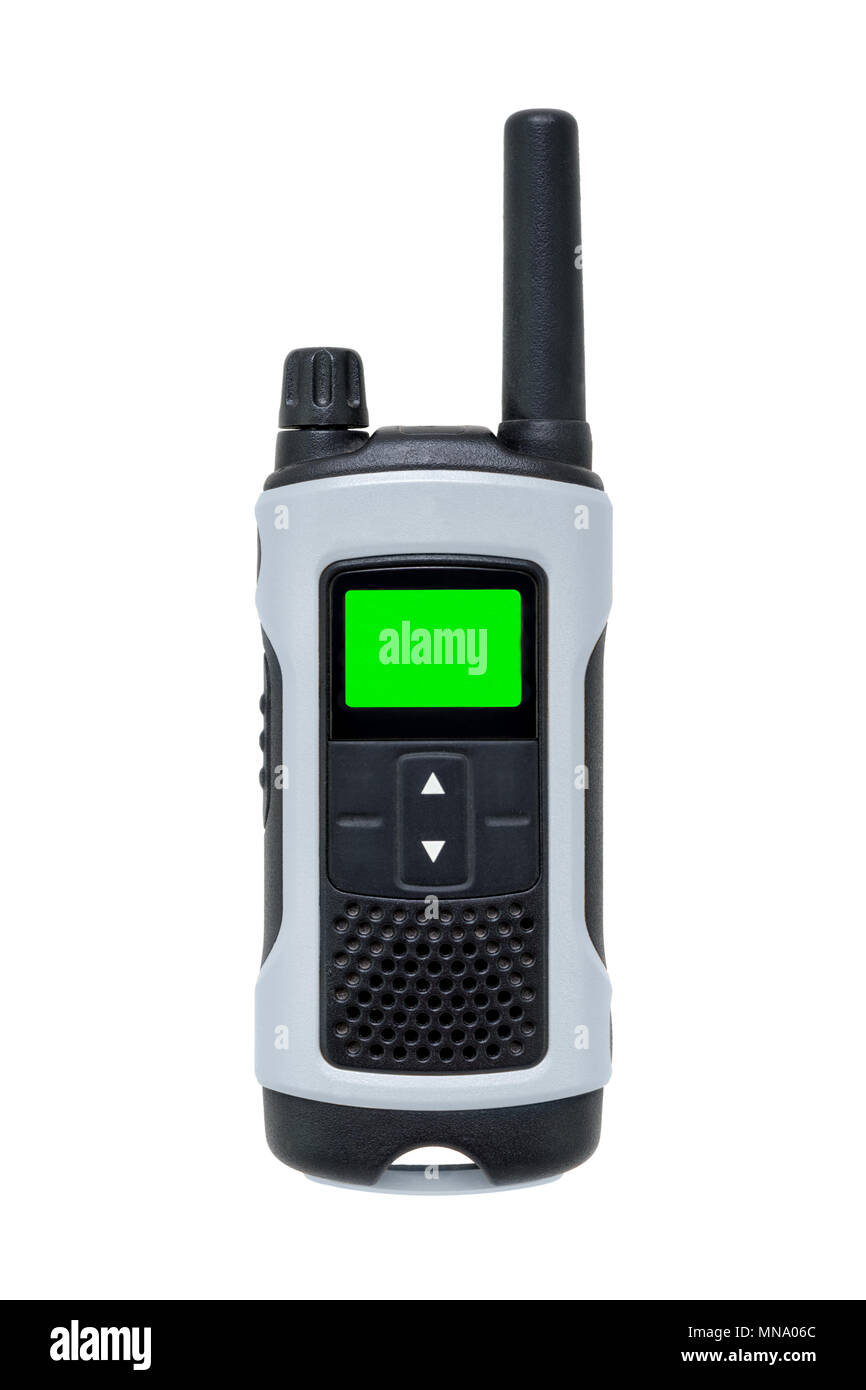 Walkie talkie con verde bianco schermo lcd acceso isolato su bianco Foto Stock